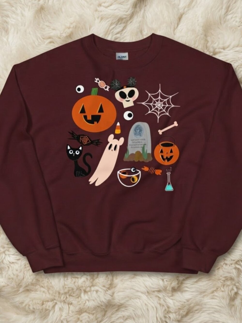 Gildan Maroon Halloween Characters In Custome Graphic Crewneck Sweatshirt